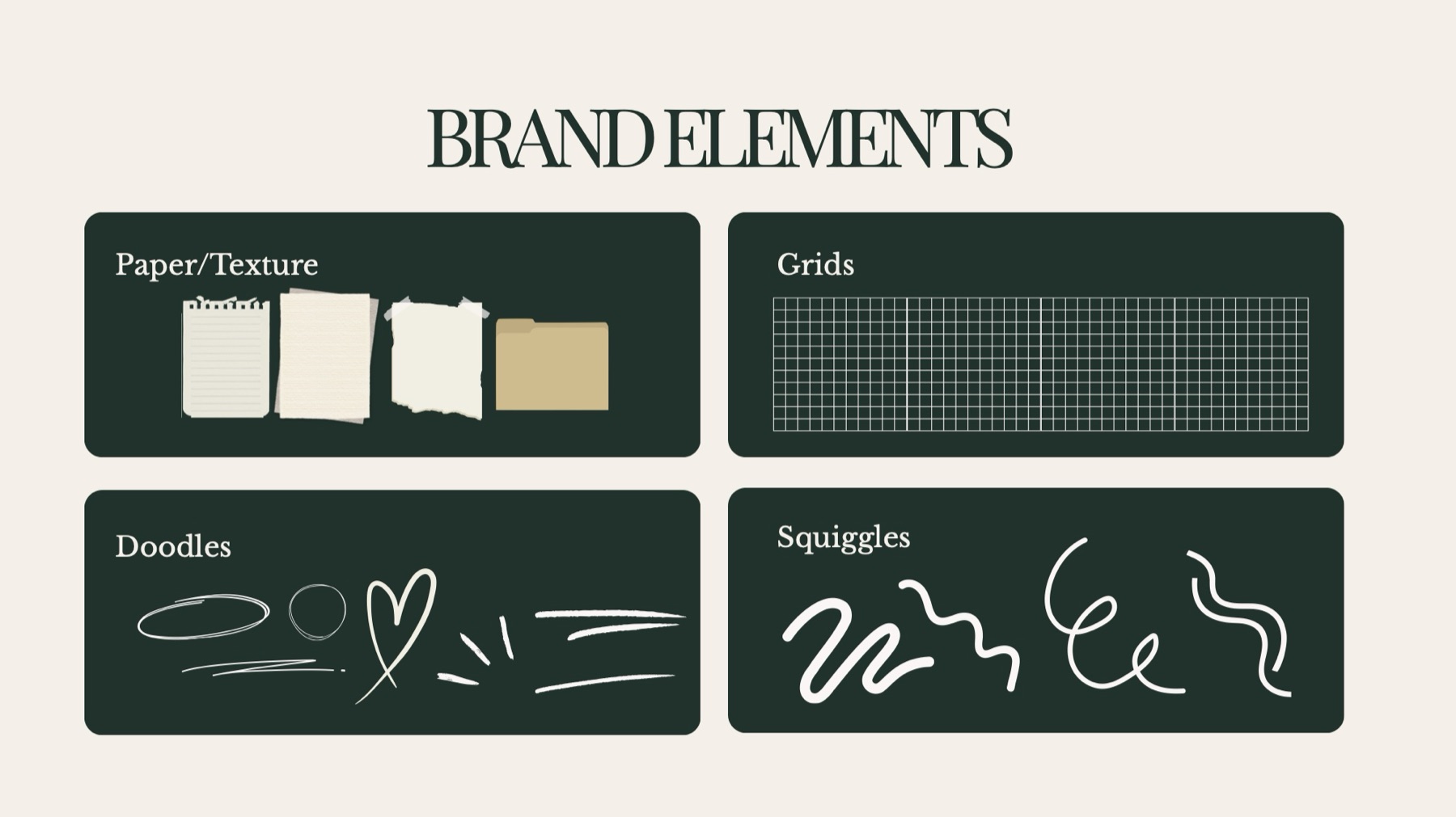 Brand elements: paper textures, grids, doodles and squiggles