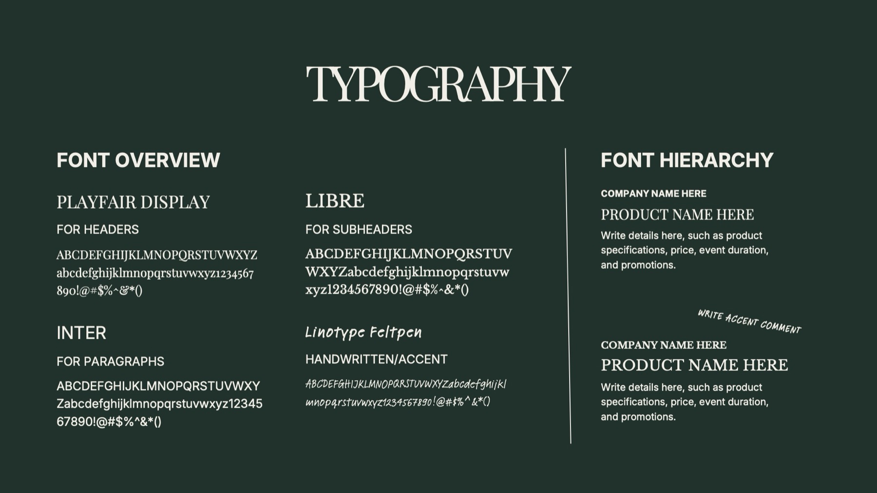 Typography: Playfair Display, Inter, Libre and Linotype Feltpen