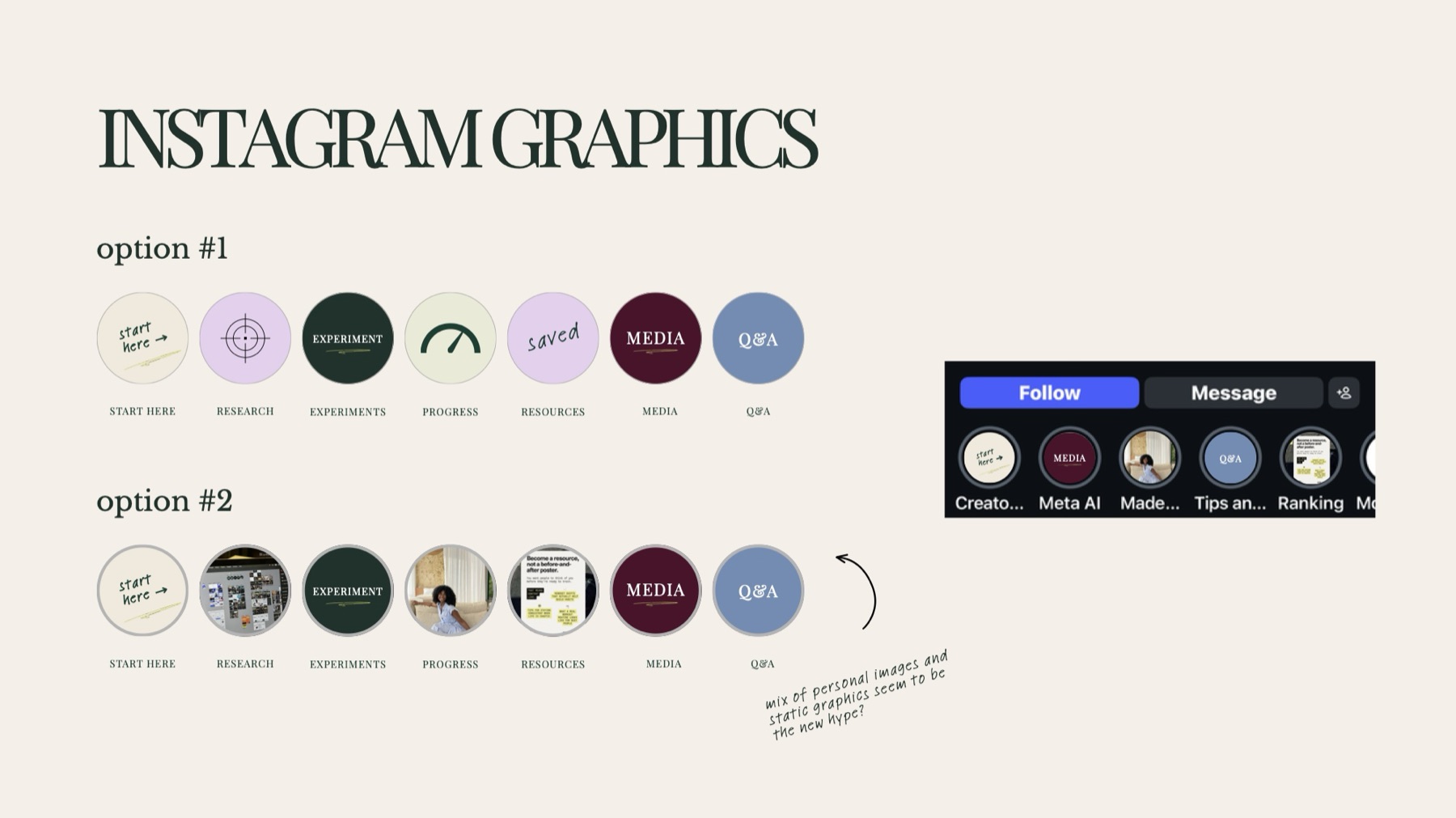 Instagram highlight covers: start here, experiments, media, Q&A