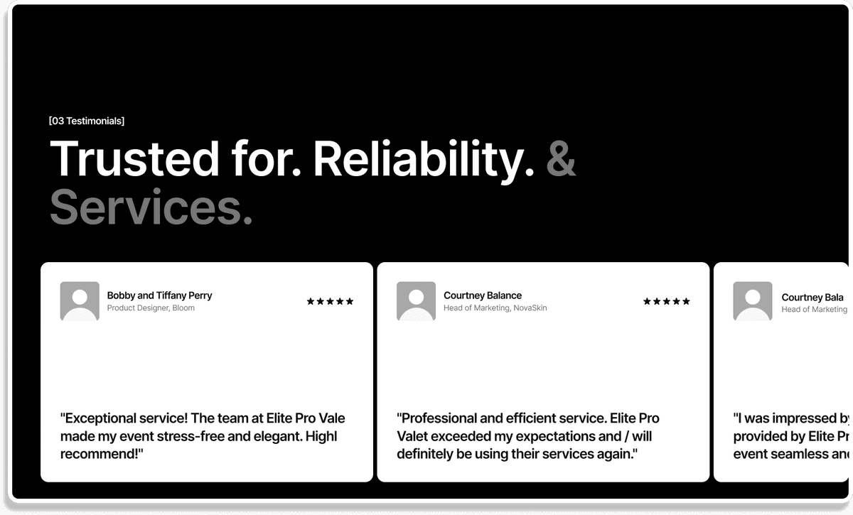 Testimonials section with client quotes and ratings