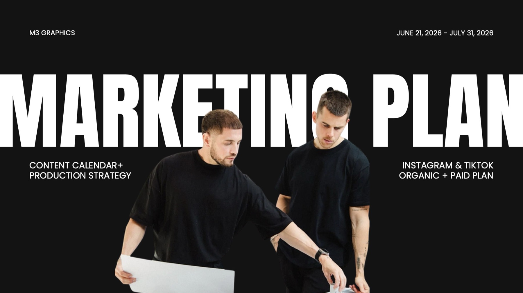 M3 Graphics marketing plan cover: content calendar, production strategy, Instagram and TikTok