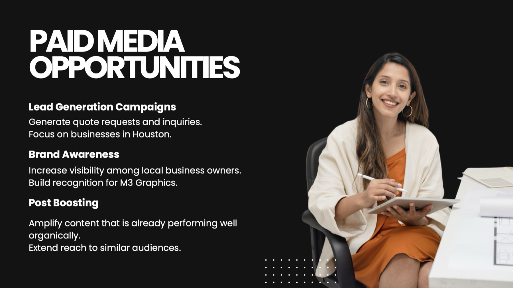 Paid media opportunities: lead generation, awareness, boosting
