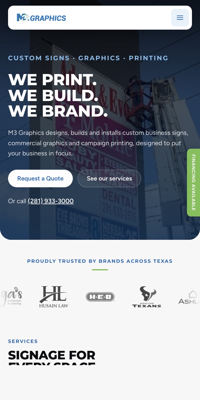 The redesigned M3 Graphics homepage on a phone