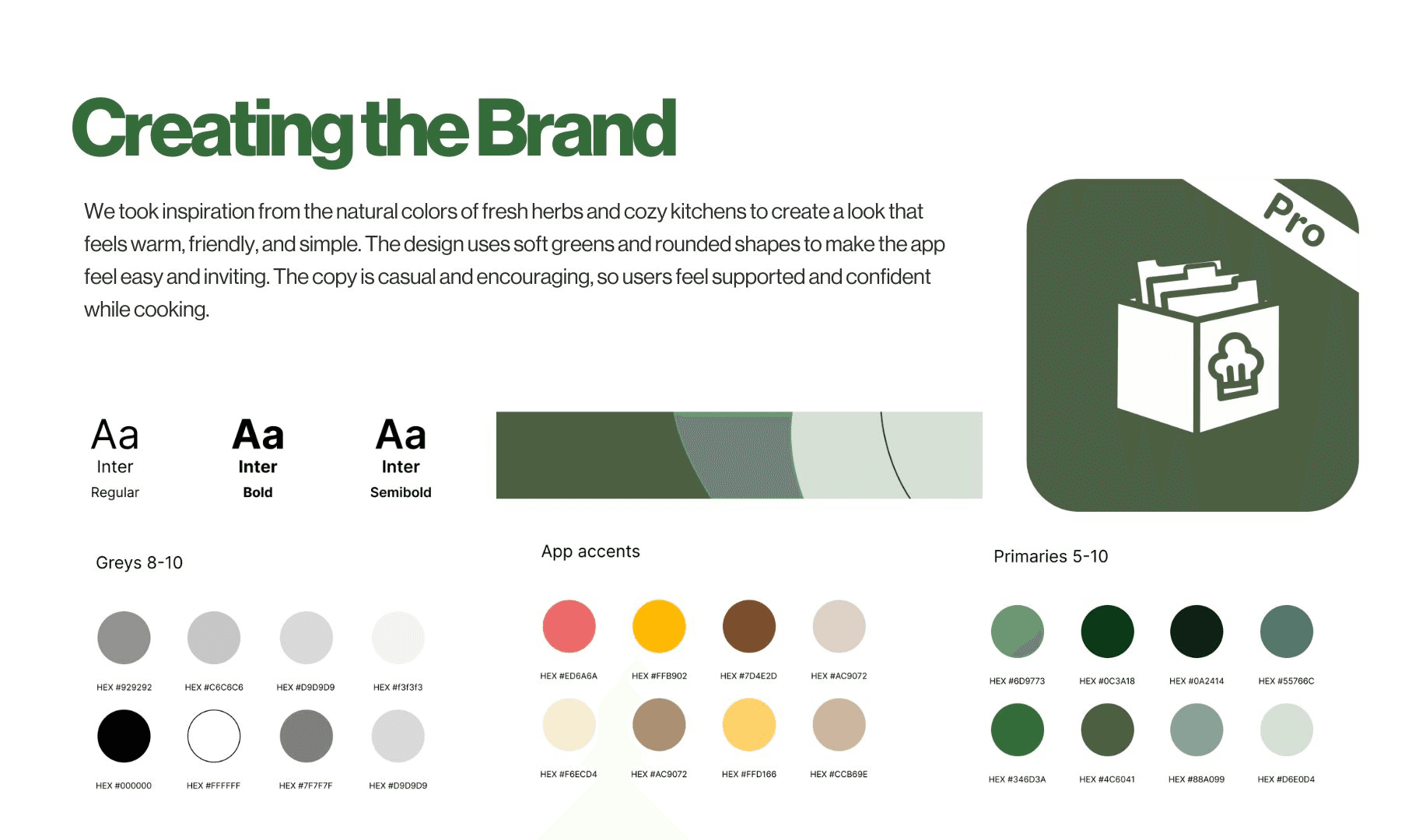 RecipeBox Pro brand: logo, Inter type scale, and green, orange and neutral color palettes