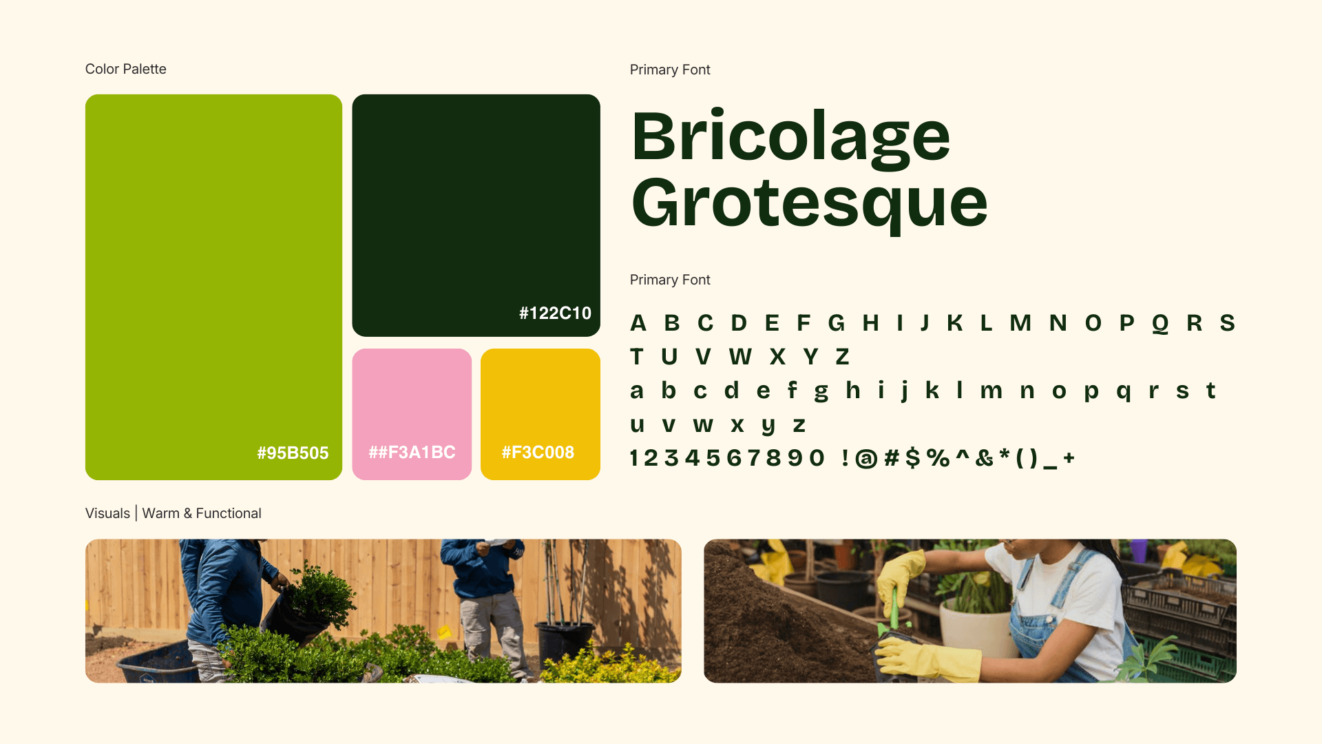 Spring Gardens brand system: color palette and Bricolage Grotesque type specimen