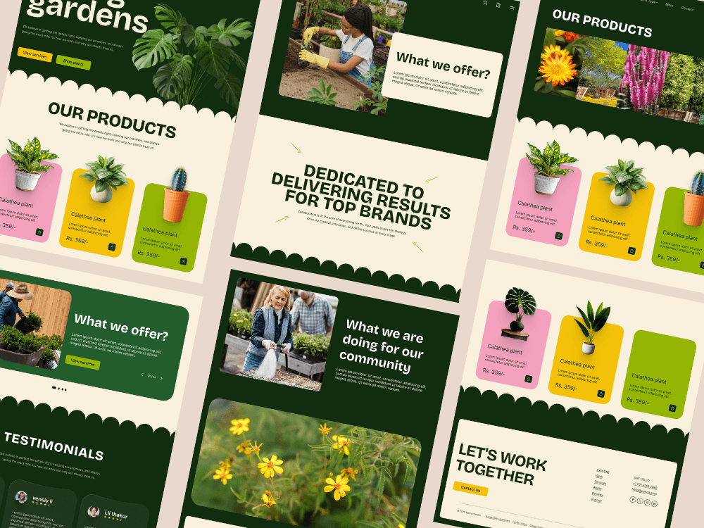 Collage of Spring Gardens pages: products, services, testimonials and contact