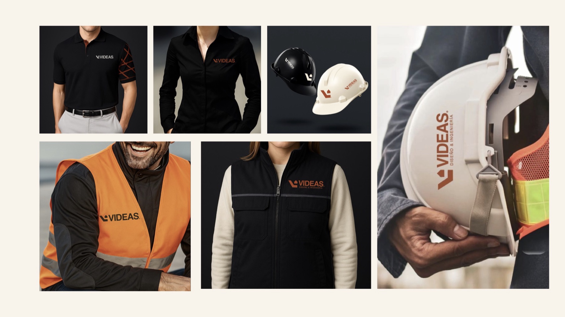 Uniforms, caps and hard hats with the Videas logo