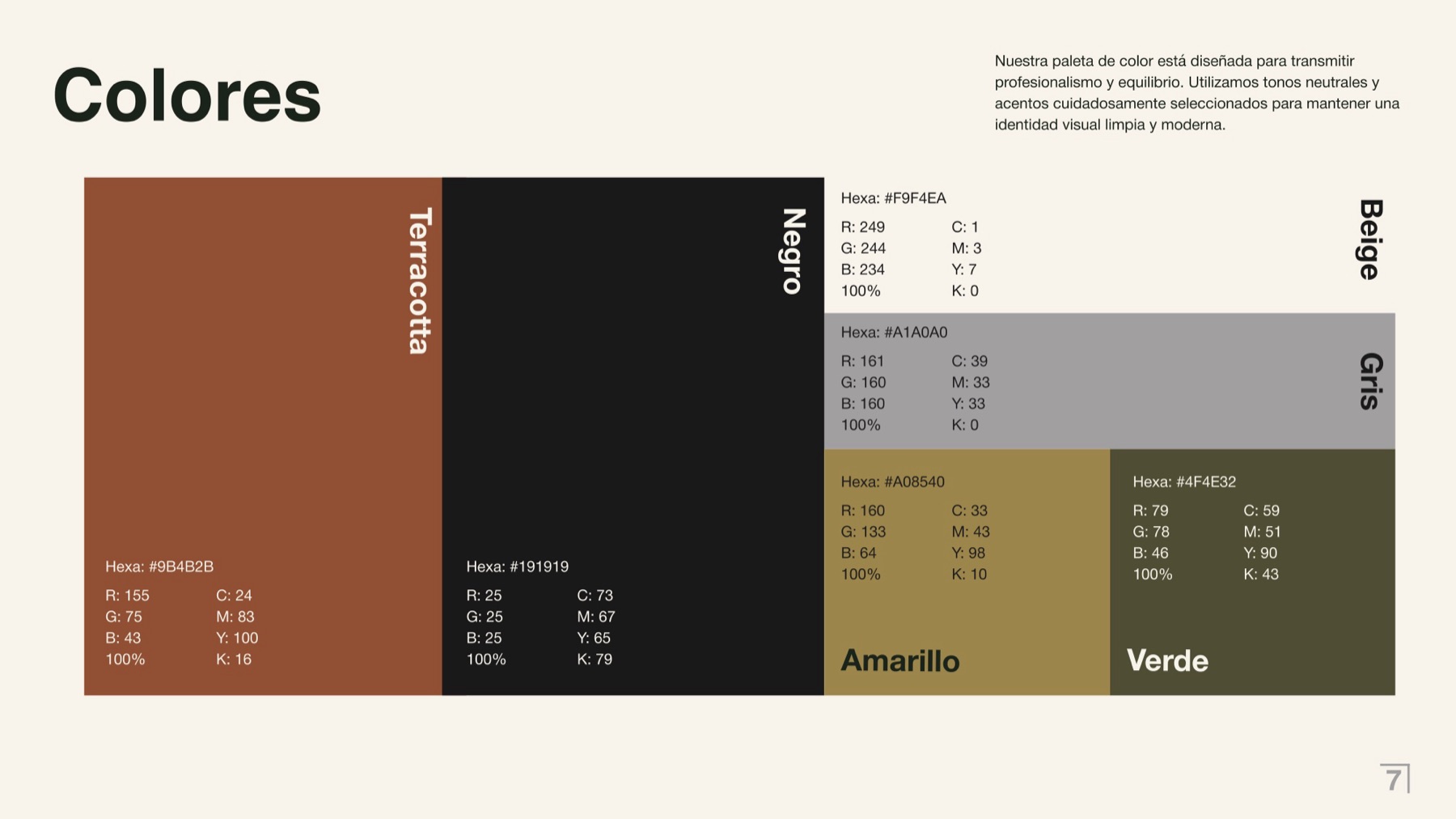 Color palette: terracotta, black, beige, gray, ochre and olive